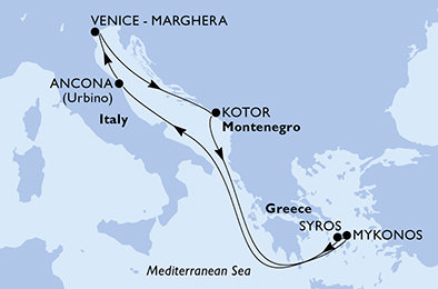 Itálie, Černá Hora, Řecko z Marghery na lodi MSC Lirica