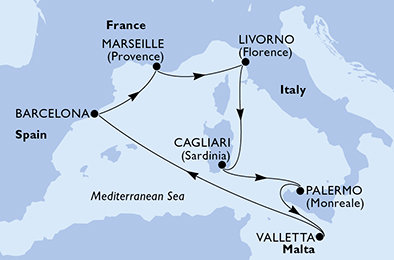 Itálie, Malta, Španělsko, Francie z Cagliari na lodi MSC Splendida
