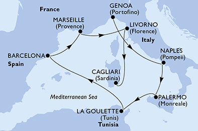 Itálie, Tunisko, Španělsko, Francie z Janova na lodi MSC Splendida