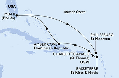 USA, Svatý Martin, Svatý Kryštof a Nevis, Dominikánská republika z Miami na lodi MSC Meraviglia