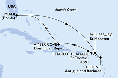 USA, Svatý Martin, Antigua a Barbuda, Dominikánská republika z Miami na lodi MSC Meraviglia
