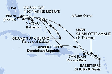 USA, Zámořské území Velké Británie, Bahamy, Svatý Kryštof a Nevis, Dominikánská republika z Miami na lodi MSC Meraviglia