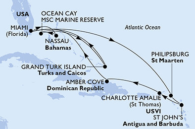 USA, Bahamy, Zámořské území Velké Británie, Svatý Martin, Antigua a Barbuda, Dominikánská republika z Miami na lodi MSC Meraviglia