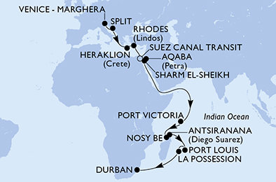 Itálie, Chorvatsko, Řecko, Egypt, Jordánsko, Seychely, Madagaskar, Mauricius, Reunion, Jihoafrická republika z Marghery na lodi MSC Armonia