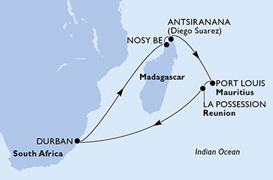 Jihoafrická republika, Madagaskar, Mauricius, Reunion z Durbanu na lodi MSC Opera