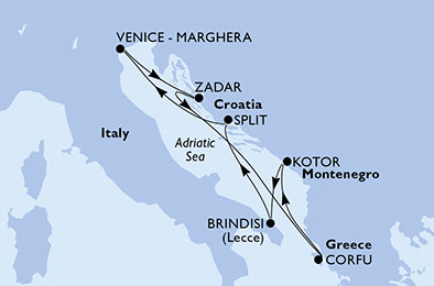 Itálie, Chorvatsko, Řecko, Černá Hora z Marghery na lodi MSC Armonia