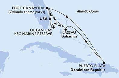 USA, Dominikánská republika, Bahamy z Port Canaveralu na lodi MSC Seashore