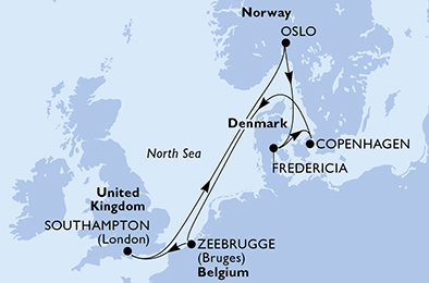 Velká Británie, Norsko, Dánsko, Belgie ze Southamptonu na lodi MSC Meraviglia