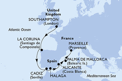 Velká Británie, Španělsko, Francie ze Southamptonu na lodi MSC Virtuosa