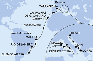 Argentina, Brazílie, Španělsko, Francie, Itálie, Řecko z Buenos Aires na lodi MSC Splendida