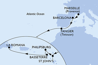Francie, Španělsko, Maroko, Antigua a Barbuda, Svatý Martin, Svatý Kryštof a Nevis, Dominikánská republika z Marseille na lodi MSC Opera
