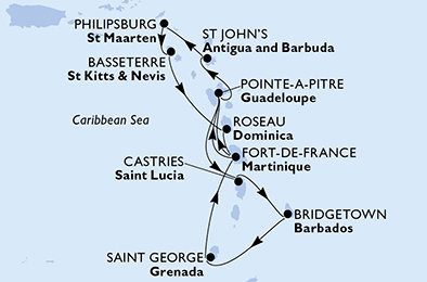 Barbados, Grenada, Martinik, Guadeloupe, Antigua a Barbuda, Svatý Martin, Svatý Kryštof a Nevis, Dominika, Svatá Lucie z Bridgetownu na lodi MSC Seaview