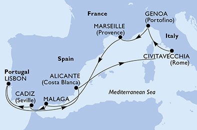 Španělsko, Itálie, Francie, Portugalsko z Alicante na lodi MSC Sinfonia