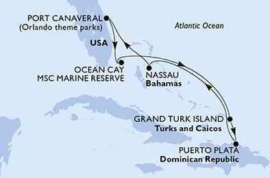USA, Bahamy, Zámořské území Velké Británie, Dominikánská republika z Port Canaveralu na lodi MSC World Atlantic