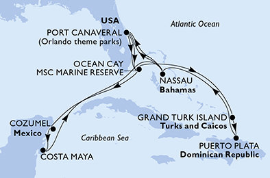 USA, Bahamy, Zámořské území Velké Británie, Dominikánská republika, Mexiko z Port Canaveralu na lodi MSC World Atlantic