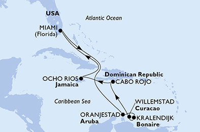 USA, Aruba, Bonaire, Curacao, Dominikánská republika, Jamajka z Miami na lodi MSC Poesia
