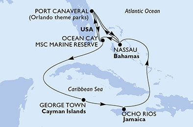 USA, Bahamy, Kajmanské ostrovy, Jamajka z Port Canaveralu na lodi MSC Grandiosa