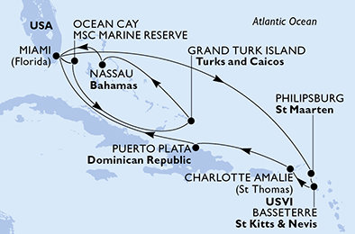 USA, Bahamy, Zámořské území Velké Británie, Svatý Martin, Svatý Kryštof a Nevis, Dominikánská republika z Miami na lodi MSC Seashore