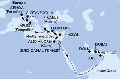 Itálie, Řecko, Turecko, Kypr, Egypt, Omán, Katar, Spojené arabské emiráty z Janova na lodi MSC World Europa