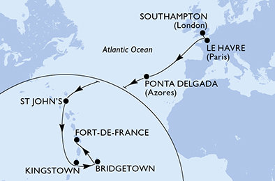 Velká Británie, Francie, Portugalsko, Antigua a Barbuda, Svatý Vincenc a Grenadiny, Barbados, Martinik ze Southamptonu na lodi MSC Meraviglia