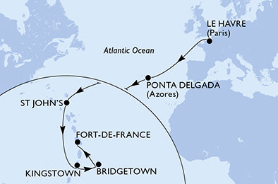 Francie, Portugalsko, Antigua a Barbuda, Svatý Vincenc a Grenadiny, Barbados, Martinik z Le Havru na lodi MSC Meraviglia