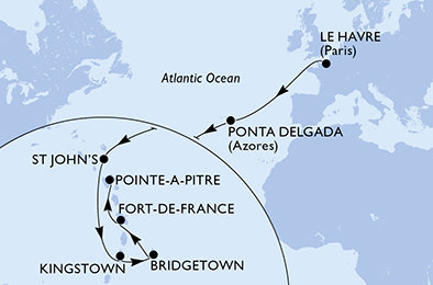 Francie, Portugalsko, Antigua a Barbuda, Svatý Vincenc a Grenadiny, Barbados, Martinik, Guadeloupe z Le Havru na lodi MSC Meraviglia