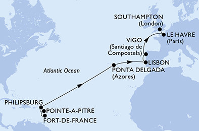Martinik, Guadeloupe, Svatý Martin, Portugalsko, Španělsko, Francie, Velká Británie z Fort-de-France na lodi MSC Meraviglia