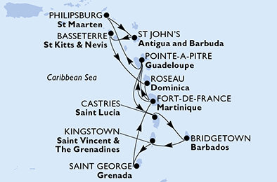 Martinik, Guadeloupe, Svatá Lucie, Barbados, Svatý Vincenc a Grenadiny, Grenada, Svatý Martin, Antigua a Barbuda, Svatý Kryštof a Nevis, Dominika z Fort-de-France na lodi MSC Meraviglia
