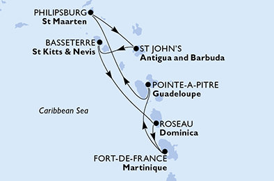 Guadeloupe, Svatý Martin, Antigua a Barbuda, Svatý Kryštof a Nevis, Dominika, Martinik z Pointe-à-Pitre na lodi MSC Meraviglia