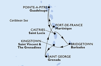Guadeloupe, Svatá Lucie, Barbados, Svatý Vincenc a Grenadiny, Grenada, Martinik z Pointe-à-Pitre na lodi MSC Meraviglia
