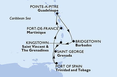 Guadeloupe, Barbados, Svatý Vincenc a Grenadiny, Trinidad a Tobago, Grenada, Martinik z Pointe-à-Pitre na lodi MSC Meraviglia
