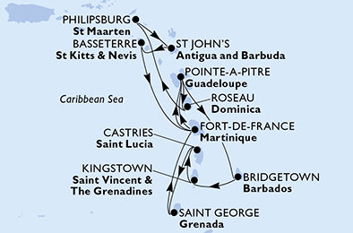 Barbados, Svatý Vincenc a Grenadiny, Svatá Lucie, Grenada, Martinik, Guadeloupe, Dominika, Svatý Martin, Antigua a Barbuda, Svatý Kryštof a Nevis z Bridgetownu na lodi MSC Meraviglia