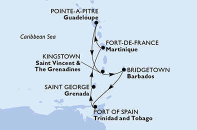 Guadeloupe, Svatý Vincenc a Grenadiny, Barbados, Trinidad a Tobago, Grenada, Martinik z Pointe-à-Pitre na lodi MSC Meraviglia