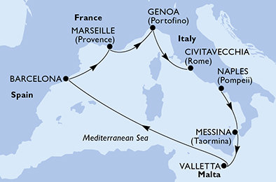 Itálie, Malta, Španělsko, Francie z Neapole na lodi MSC World Asia