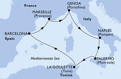 Španělsko, Francie, Itálie, Tunisko z Barcelony na lodi MSC Euribia