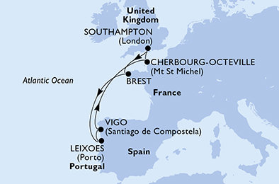 Velká Británie, Francie, Portugalsko, Španělsko ze Southamptonu na lodi MSC Meraviglia