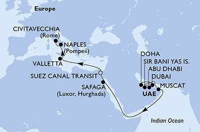 Katar, Spojené arabské emiráty, Omán, Egypt, Malta, Itálie z Dohy na lodi MSC World Europa
