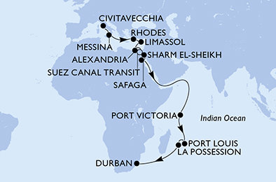 Itálie, Řecko, Kypr, Egypt, Seychely, Mauricius, Reunion, Jihoafrická republika z Civitavecchia na lodi MSC Sinfonia