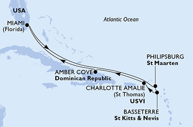 USA, Svatý Martin, Svatý Kryštof a Nevis, Dominikánská republika z Miami na lodi MSC Seashore