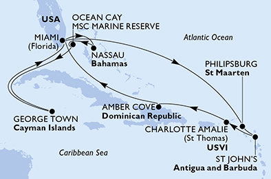 USA, Svatý Martin, Antigua a Barbuda, Dominikánská republika, Bahamy, Kajmanské ostrovy z Miami na lodi MSC Seashore