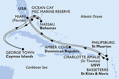 USA, Bahamy, Kajmanské ostrovy, Svatý Martin, Svatý Kryštof a Nevis, Dominikánská republika z Miami na lodi MSC Seashore