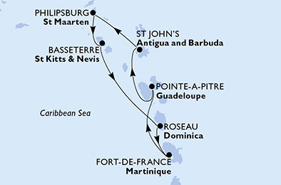 Martinik, Guadeloupe, Antigua a Barbuda, Svatý Martin, Svatý Kryštof a Nevis, Dominika z Fort-de-France na lodi MSC World Europa