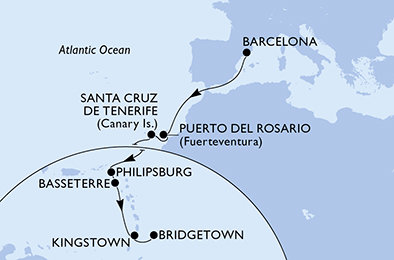 Španělsko, Svatý Martin, Svatý Kryštof a Nevis, Svatý Vincenc a Grenadiny, Barbados z Barcelony na lodi MSC World Europa