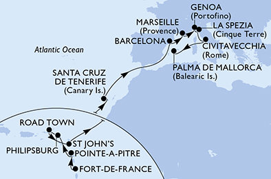 Martinik, Guadeloupe, Svatý Martin, Britské Panenské ostrovy, Antigua a Barbuda, Španělsko, Francie, Itálie z Fort-de-France na lodi MSC World Europa