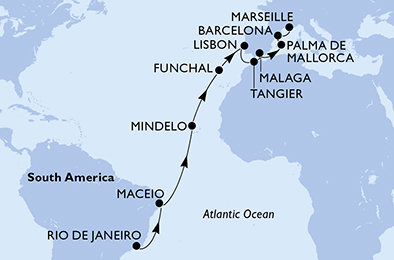 Brazílie, Kapverdy, Portugalsko, Maroko, Španělsko, Francie z Rio de Janeira na lodi MSC Seaview