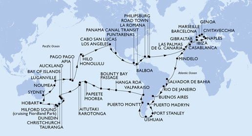 Francie, Španělsko, Velká Británie, Maroko, Kapverdy, Brazílie, Argentina, Zámořské území Velké Británie, Chile, Francouzská Polynésie, Cookovy ostrovy, Nový Zéland, Austrálie, Nová Kaledonie, Vanuatu, Samoa, Americká Samoa, USA, Mexiko, Kostarika, , Panama, Dominikánská republika, Britské Panenské ostrovy, Svatý Martin, Itálie z Marseille na lodi MSC Magnifica