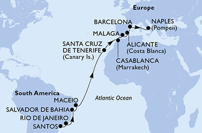Brazílie, Španělsko, Maroko, Itálie ze Santosu na lodi MSC Divina