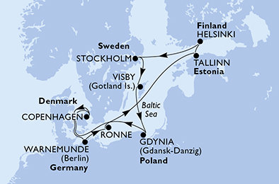 Německo, Dánsko, Estonsko, Finsko, Švédsko, Polsko z Warnemünde na lodi MSC Splendida
