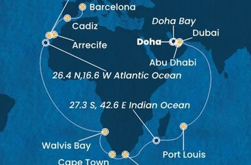 Katar, Spojené arabské emiráty, Mauricius, Jihoafrická republika, Namibie, Španělsko z Dohy na lodi Costa Toscana