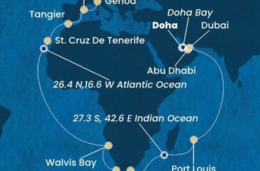 Katar, Spojené arabské emiráty, Mauricius, Jihoafrická republika, Namibie, Španělsko, Maroko, Itálie z Dohy na lodi Costa Smeralda
